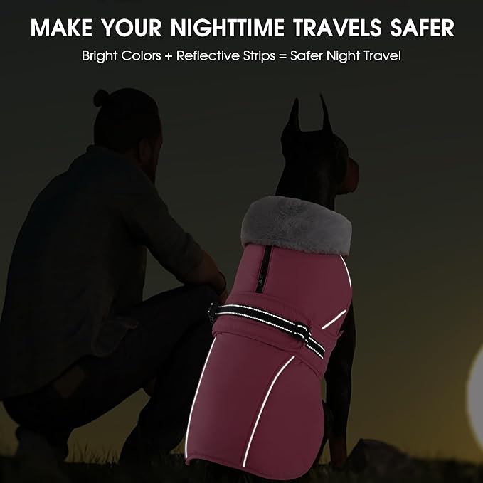 PETDSH Dog Coat Large, Windproof Dog Jacket with Warm Fleece Lining, Thickened Collar Dogs Winter Coat, Adjustable Reflective Pet Coats for Cold Weather (Pink, X-Large)