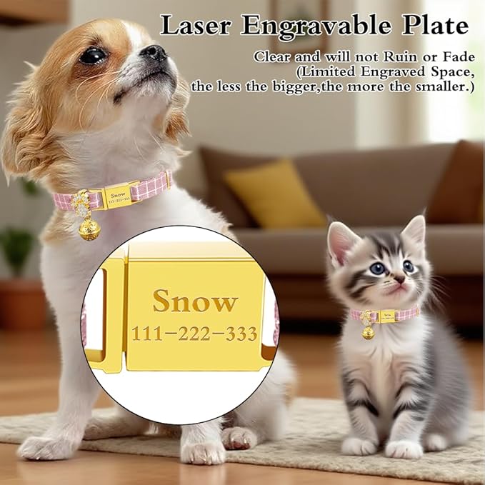 Personalized Breakaway Cat Collars - Magnetic Buckle, Bell - Safety Quick Release, Customized for Girls & Boys Cats- (Checkered-Pink)