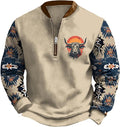HOTYD Aztec Cowboy Jacket Men Vintage Bullhorn Printed Oversized Western Sweatshirt Long Sleeve Quarter Zip Pullover