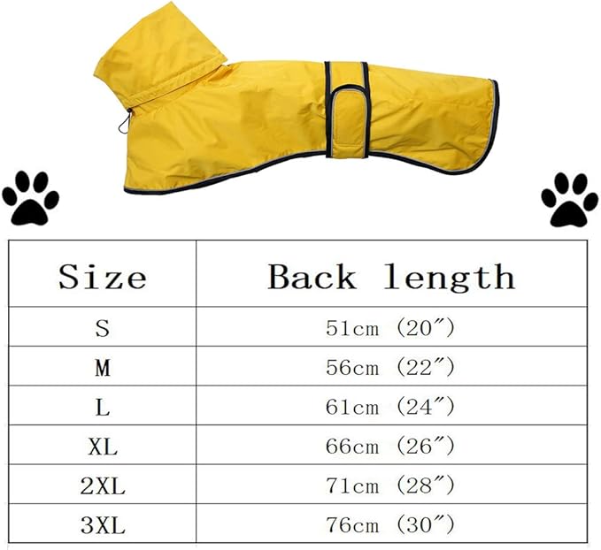 Dog Raincoat with Reflective Bar, Rain/Water Resistant, Adjustable Vest - Dog Raincoats for Greyhounds, Lurchers and Whippets - Yellow - M