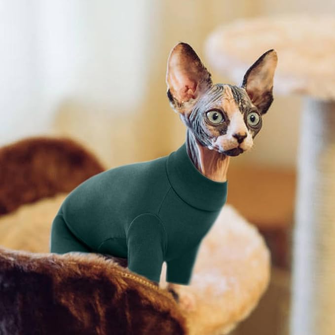 ROZKITCH Pajamas for Cats, Breathable Cat Sweaters for Cats Only, Pet Coat with Four Legs, Warm Sweater T-Shirt Pajamas Jumpsuit Vest Cornish Rex Devon Rex Peterbald DarkGreen S