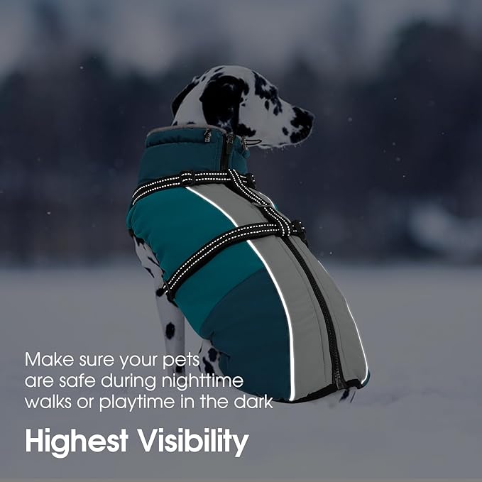 SUNFURA Dog Coat, XXXL Dog Jacket with Harness Built in, Waterproof Pet Winter Coat Snowsuit with Zip, Reflective Fleece Jacket for Extra Large Dogs, Great Dane, Turquoise 3XL