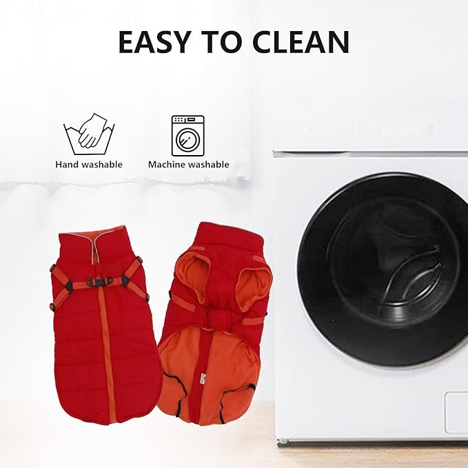Geyecete Winter Warm Coat Waterproof Dog Winter Jacket with Harness Traction Belt,Windproof Pet Outdoor Jacket Dog Autumn-Red-XXL