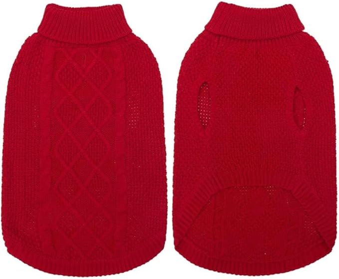 Mihachi Turtleneck Dog Sweater - Winter Coat Apparel Classic Cable Knit Clothes with Leash Hole for Cold Weather, Ideal Gift for Pet in New Year Red 2XL