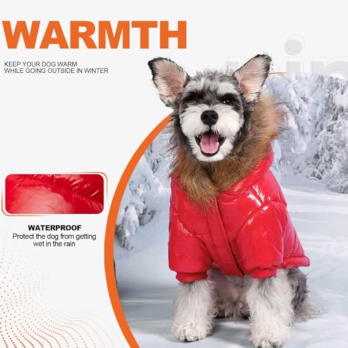 PINA Dog Winter Coat with Faux Fur Hood, Windproof and Warm, Suitable for Small to Large Dogs, Red, XXL