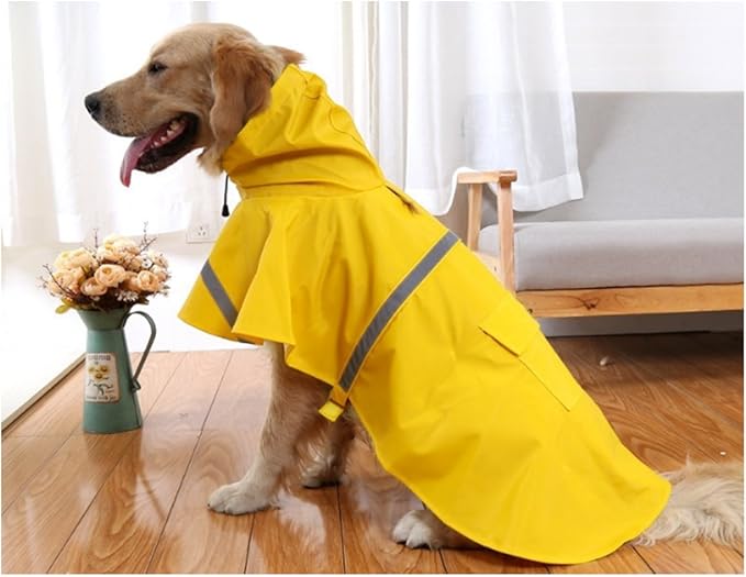 Mikayoo Large Dog Raincoat Adjustable Pet Waterproof Clothes Lightweight Rain Jacket Poncho Hoodies with Strip Reflective(Yellow,XXL)