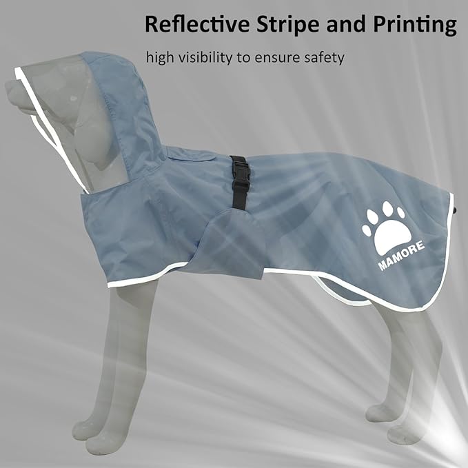 MAMORE Dog Raincoat Waterproof, Lightweight Adjustable Dog Rain Coat Hooded Poncho with Reflective Strip for Large Medium Small Dogs (Light Blue, XX-Large)