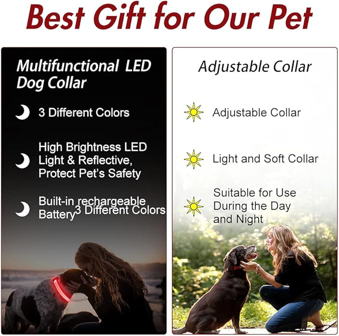 YFbrite Ultra Light Adjustable LED Dog Collar, Light up Dog Collars Rechargeable Glowing in The Dark Collars Visiblity & Safety for Small, Medium, Large Dogs (Red, X-Large)
