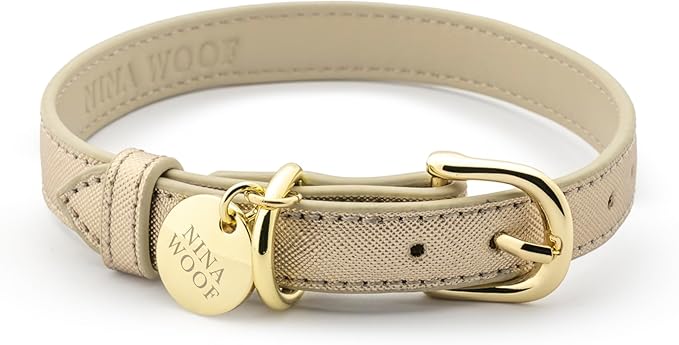 Rio Dog Collar Saffiano Vegan Leather Color Gold Size S