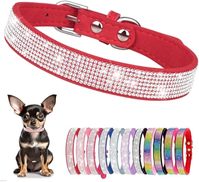 Serijoars Small Dog Collar with Rhinestone Crystal Diamond Colorful Bling Girl Puppy Cat Collars (M, Red)