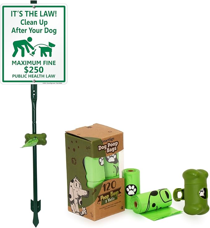 SmartSign It’s Law Clean Up After Your Dog Maximum Fine $250 Yard Sign & Clip-On Preloaded Dispenser Combo/Kit with 135 Dog Poop Waste Bags, 10"x12" Rust-proof Aluminum Sign with 3ft Steel Stake
