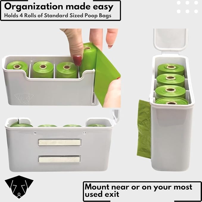 Dog Poop Bag Dispenser - Magnetic Mount - Indoor/Outdoor - Wall Mount - Waste Bag Dispenser - Magnet - Screw-on - Storage - Container + 60 Waste Bags (Storm White)