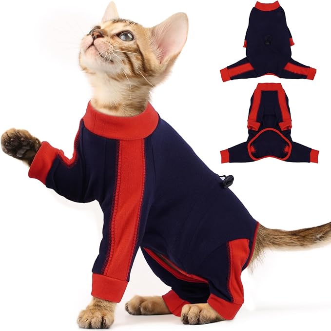 Cat Pajamas for Cats Only, Sticky Hair Cat Clothes, Long Sleeve Sphynx Clothes, Anti-Licking or Skin Disease Recovery Suit for Female Cats, Kitten Onesie Pajamas, DarkBlue, M