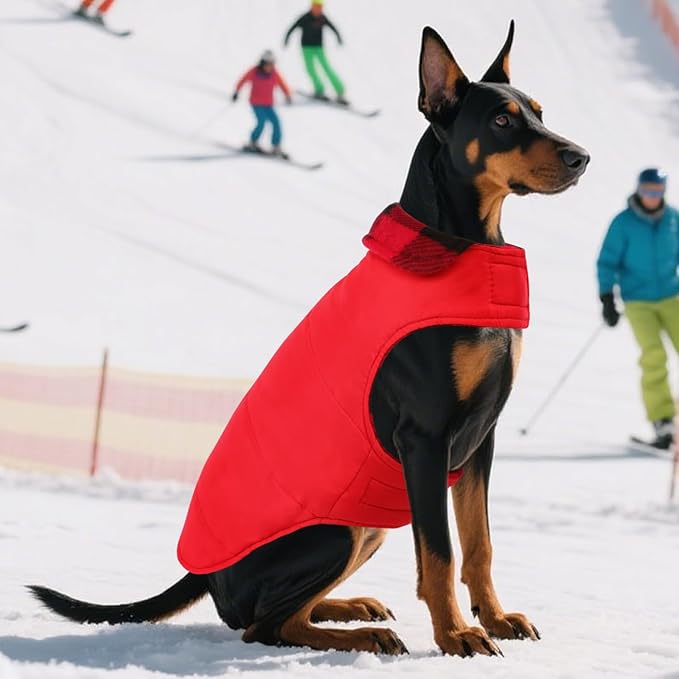 ASENKU Dog Winter Coat, Fleece Doggie Jacket Plaid Reversible Vest Waterproof Windproof Cold Weather Clothes for Small Medium Large Dogs(XS, Red)