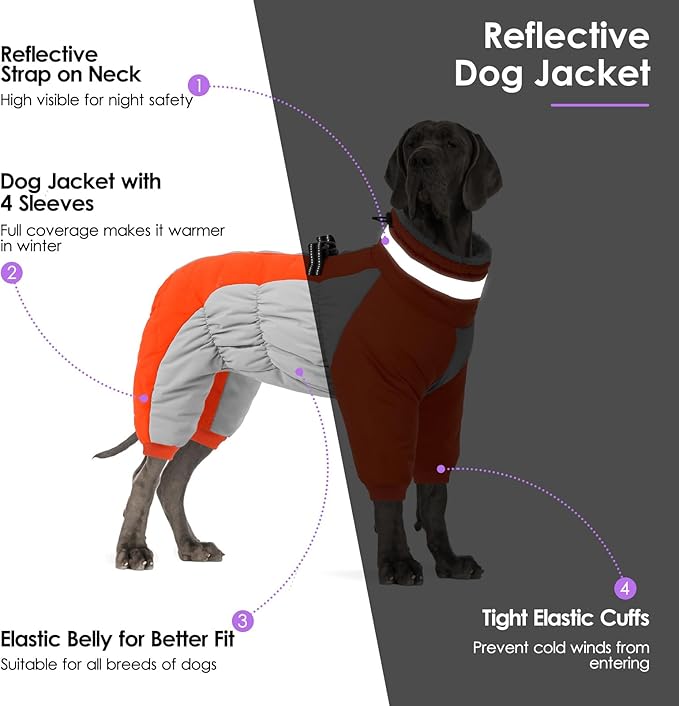 SUNFURA Full Body Dog Coat - Warm Fleece Jacket for Large Dogs, Turtleneck Winter Coats with Harness, Reflective Dog Snowsuit Windproof Puffer Jackets with Legs for French Bulldog, Orange L