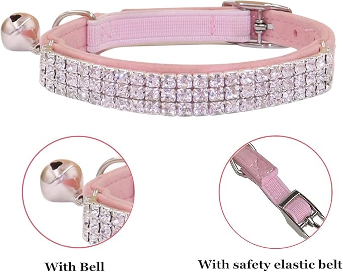 THAIN Rhinestones Cat Dog Collar Soft Velvet Safe Adjustable Collar Bling Diamante with Bells, 8-11 inch for Small Dogs and Cats (Pink)