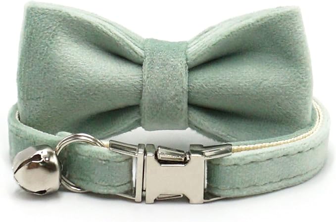 Personalized Cat Collar with Bells,Velvet Customized Small Cat Collar with Name Tag,Pet Collar with Name Phone Number Engraved ID Tags for Boy and Girl Kitten Cats (Mint Powder)