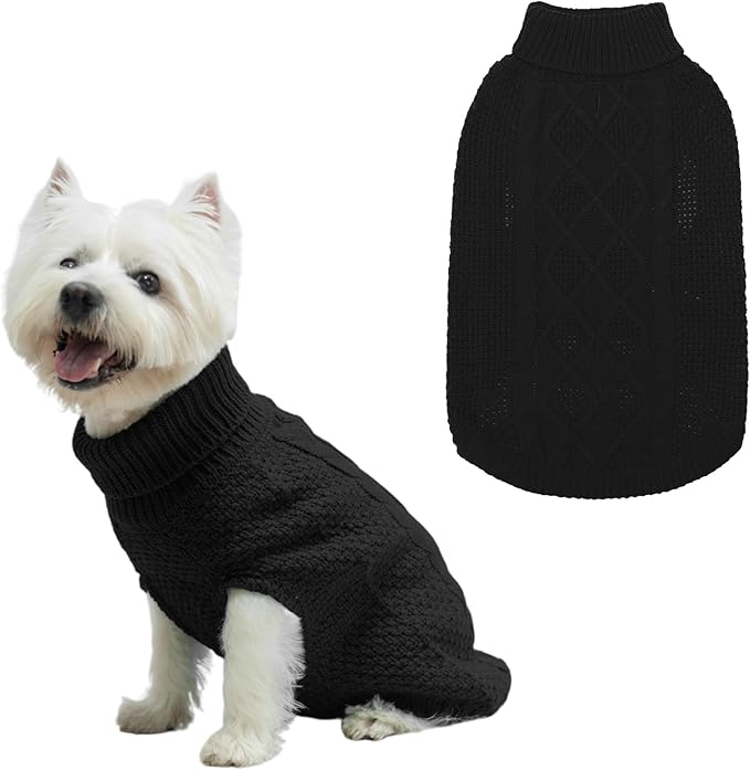 Mihachi Turtleneck Dog Sweater - Winter Coat Apparel Classic Cable Knit Clothes with Leash Hole for Cold Weather, Ideal Gift for Pet in New Year Black Small