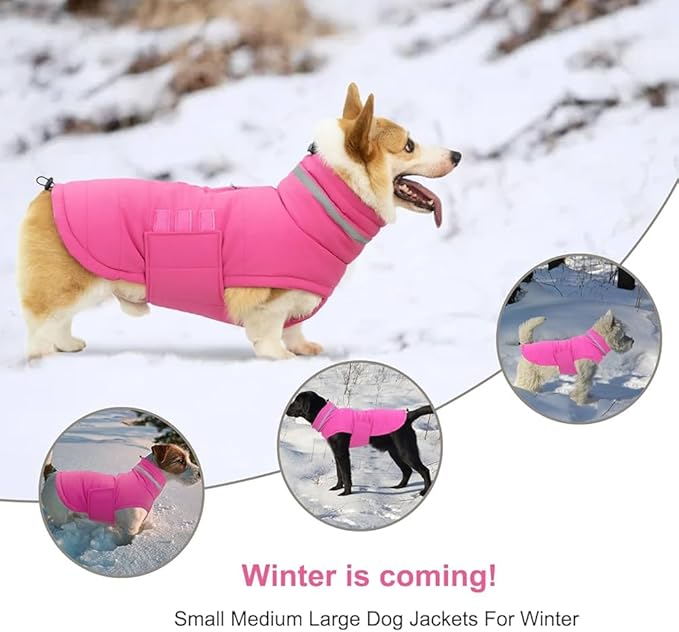 Dog Coat, Waterproof Winter Jacket, Warm Windproof Vest, Reflective Adjustable Turtleneck Coats for Medium and Large Dogs with Hook & Loop - Pink - L