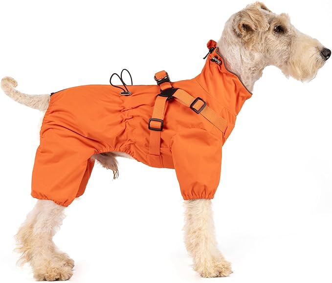 Mile High Life Waterproof Dog Raincoat, Full Coverage Small Dog Rain Coat with Harness, Adjustable 4 Legs Puppy Rain Jacket with Reflective Strip and Elastic Cuffs (Orange, L Back Length 16.1")