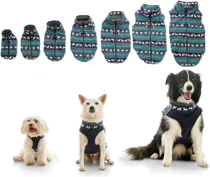 Gooby Zip Up Fleece Dog Sweater - Deer Blue, X-Large - Warm Pullover Fleece Step-in Jacket with Dual D Ring Leash - Winter Small Dog Sweater