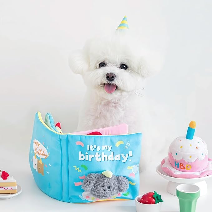 Cute Dog Birthday Toy Squeaky Snuffle Mat for Small Medium Dogs Interactive Plush Book Treat Puzzle for Puppy Crinkle Gifts (Green)