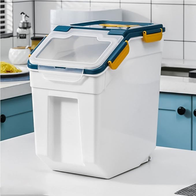 2 Pack Rice Storage Container 25 lbs, Airtight Flour Storage Containers with Wheels Seal Locking Lid, BPA Free, Rice Bin with Measuring Cup & Scoop for Flour, Sugar, Cereal (Blue)