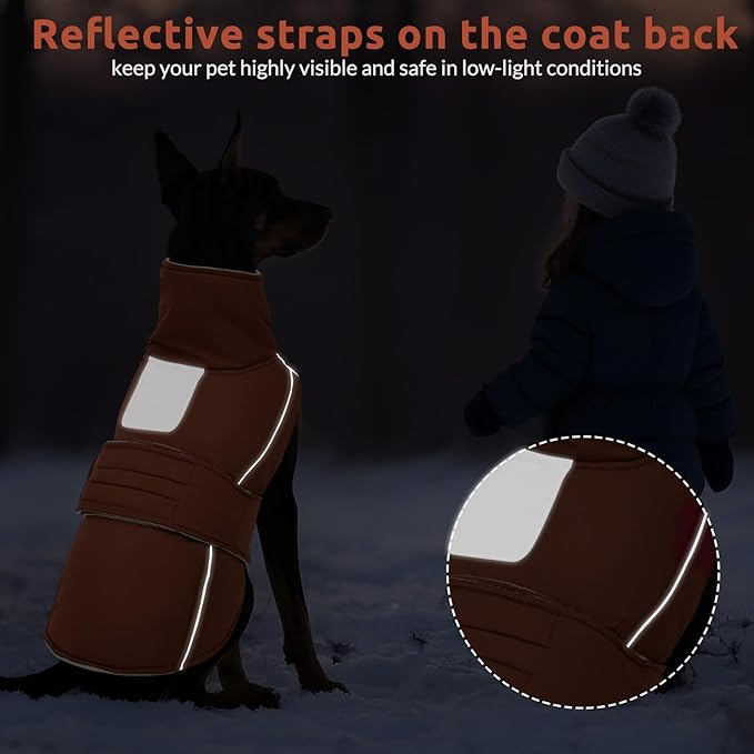 ASENKU Warm Dog Coat, Waterproof Dog Jackets for Large Dogs with Reflective Fleece Vest Turtleneck with Button,Windproof Cold Weather Coats for Small Medium Large Dogs, Red Brown, 4XL