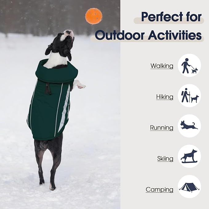 IECOii 5XL Waterproof Dog Jacket - Thermal Fleece Lining & Reflective Coats for Cold Weather, Adjustable Great Dane Winter Coat for Camping, Hiking, Green, Sizes XXXXXL