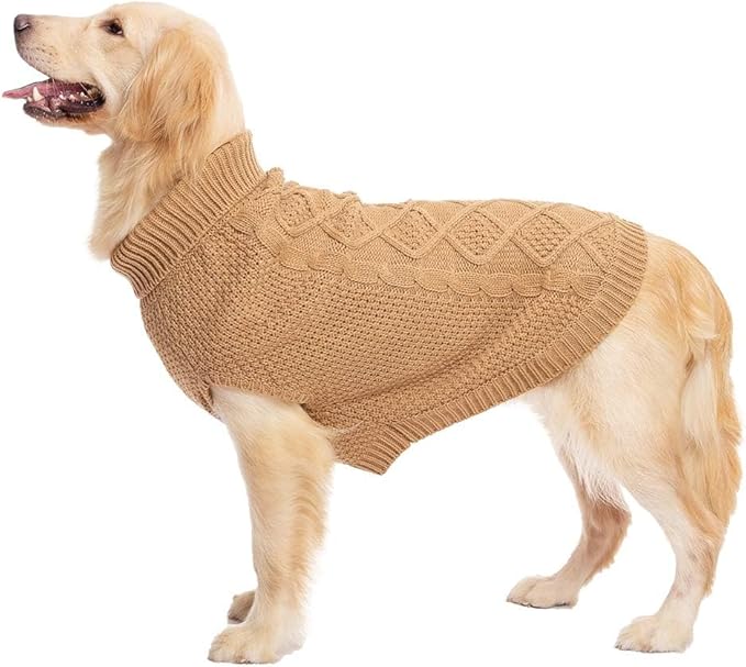Mihachi Turtleneck Dog Sweater - Winter Coat Apparel Classic Cable Knit Clothes with Leash Hole for Cold Weather, Ideal Gift for Pet in New Year Khaki Medium