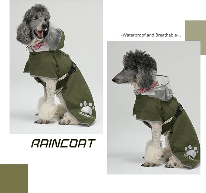 MAMORE Dog Raincoat Hooded Rain Jacket for Small Medium Large Dogs Slicker Poncho Bottom Waterproof Adjustable Reflective Breathable Leash Hole (Army Green, Medium)