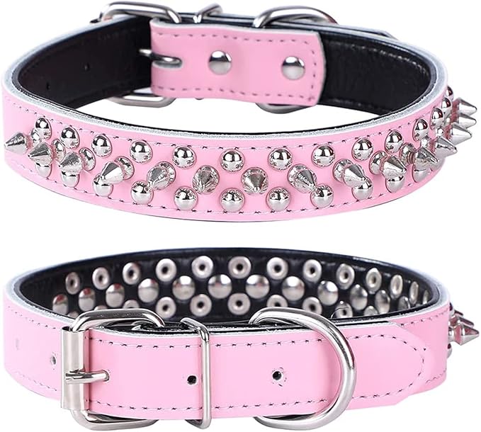 Adjustable Genuine Leather Spiked Studded Dog Collars for Small Medium Large Pets Like Pit Bull Bulldog Pugs Husky (L, Pink)
