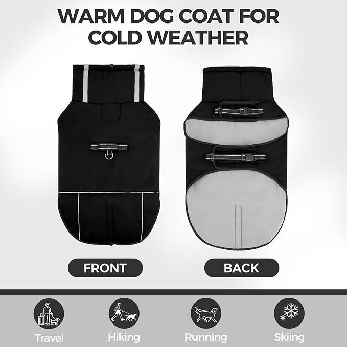 Mihachi Dog Coat for Large Dogs, Warm Dog Winter Coat Waterproof Dogs Jacket with Harness Built in Reflective Pet Fleece Vest, Puppy Cold Weather Coats Turtleneck & Windproof Pet Snowsuit, Black XL
