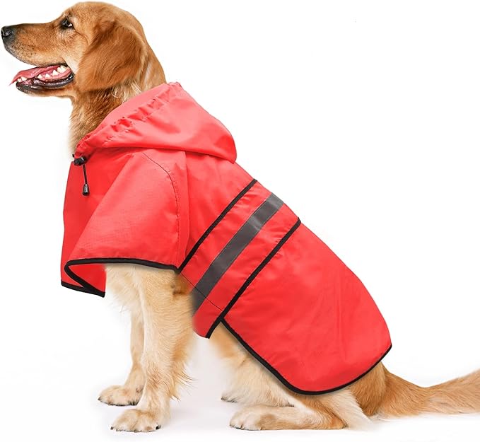 Candofly Dog Raincoat Hooded Poncho - Adjustable Waterproof Dog Rain Jacket Lightweight Reflective Dog Rain Coat Pet Slicker for Small Medium Large Dogs (Large, Bright Red)