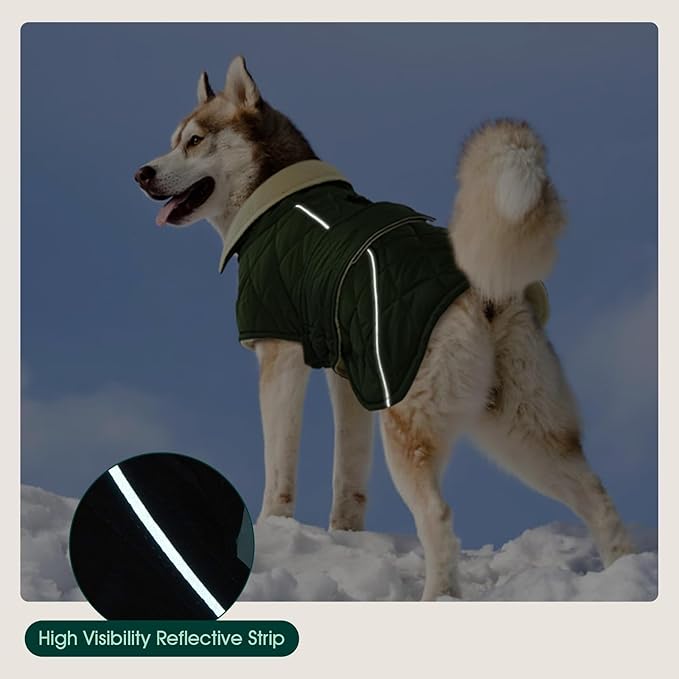 Kuoser Dog Coat, Extra Warm Dog Jacket Quilted Windproof Pet Cold Weather Coats for Small Dogs, Fleece Lining Turtleneck Puppy Snowsuit Reflective Adjustable Winter Clothes, Green S