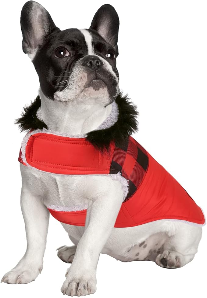 HDE Dog Puffer Jacket Fleece Lined Warm Dog Parka Winter Coat with Harness Hole Buffalo Plaid - S