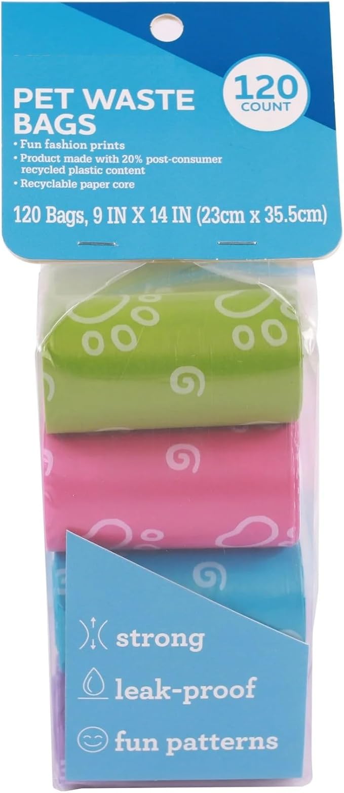 Fashion Dog Waste Bags 120 Count – Leak-Proof Poop Bags for Dogs and Cats, Durable Doggie Bags with Fun Blue Prints, Pet Waste Bags for Clean-Up. (Pack of 2)