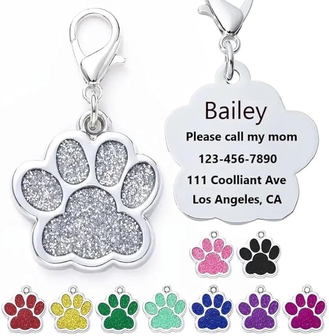 Cute Personalized Pet Name Tags for Cats/Dogs - Glitter Custom pet id tag, Dog id Tags Engraved for Pets, Customizable cat tag, pet Collar Charms, Dog Name tag (Paw-Shaped-Small: Black)