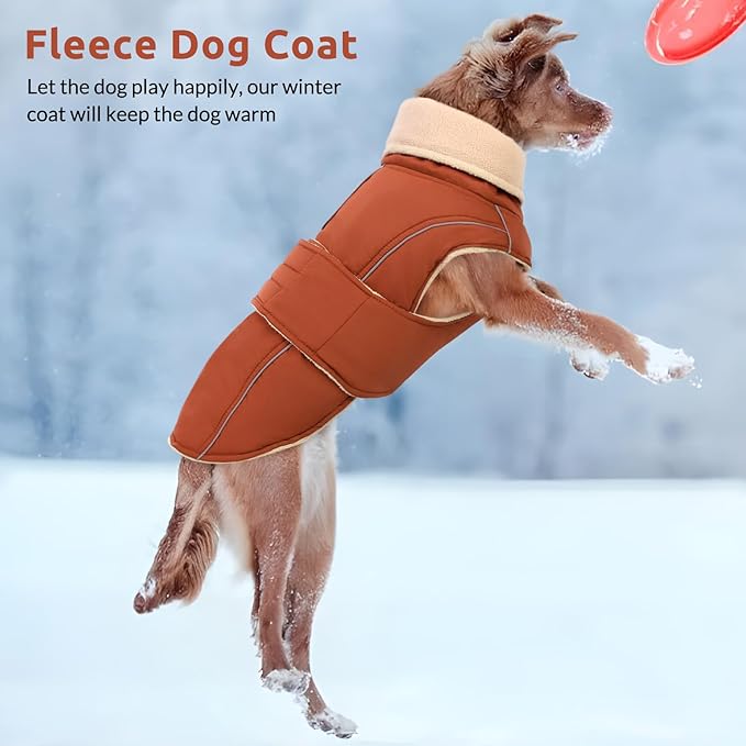 ASENKU Warm Dog Coat, Waterproof Dog Jackets for Large Dogs with Reflective Fleece Vest Turtleneck with Button,Windproof Cold Weather Coats for Small Medium Large Dogs, Red Brown, 4XL