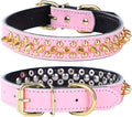 Adjustable Genuine Leather Spiked Studded Dog Collars for Small Medium Large Pets Like Pit Bull Bulldog Pugs Husky (L, Pink2)