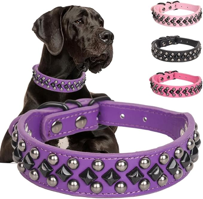 Serijoars Spiked Studded PU Leather Dog Collar for Small, Medium, Large Breeds, Pit Bull, Bully, Husky, Terrier, Adjustable (Purple, L (41-47CM))