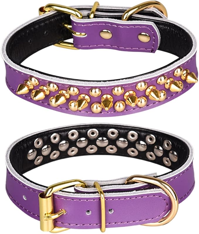 Adjustable Genuine Leather Spiked Studded Dog Collars for Small Medium Large Pets Like Pit Bull Bulldog Pugs Husky (L, Purple2)