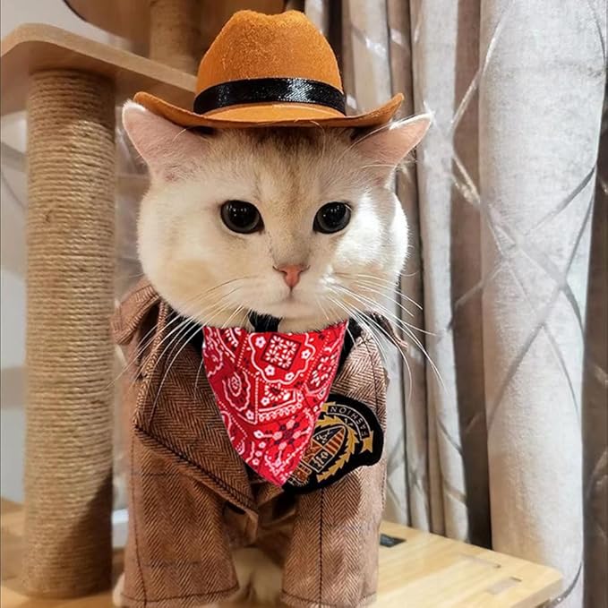 Dog Cowboy Costume Mini Brown Cowboy Hat Pet Bandana Halloween Costume for Cat Size S