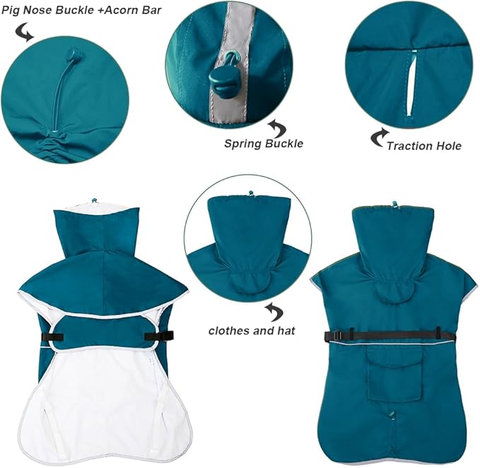 Reflective Dog Raincoat Waterproof Adjustable Dog Hooded Poncho Raincoat for Medium Large Dogs, Lightweight Pet Rain Jacket (Blue, L)