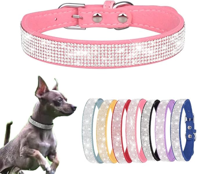 Serijoars Small Dog Collar with Rhinestone Crystal Diamond Colorful Bling Girl Puppy Cat Collars (XS, Pink)