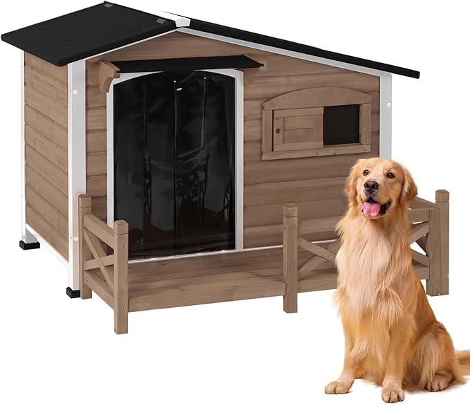 Dog House for Outdoor Use with Matel Frame, Waterproof Design- All-Weather Wooden Kennel with Sliding Window & Metal Frame (Brown, L)