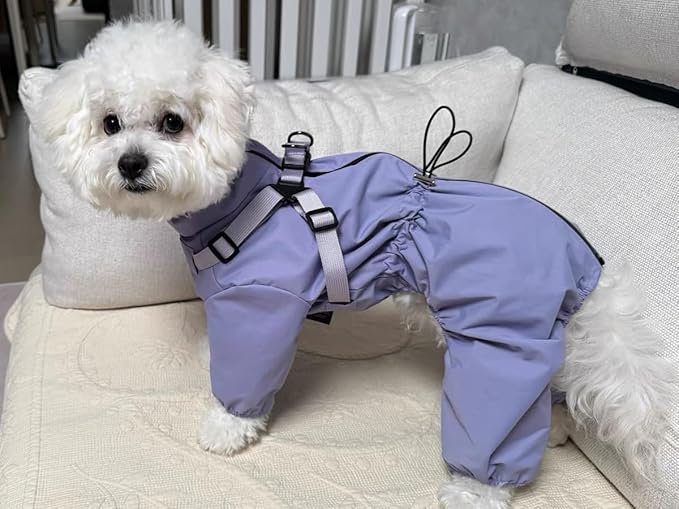 Mile High Life Waterproof Dog Raincoat, Full Coverage Small Dog Rain Coat with Harness, Adjustable 4 Legs Puppy Rain Jacket with Reflective Strip and Elastic Cuffs (Purple, M Back Length 14.6")