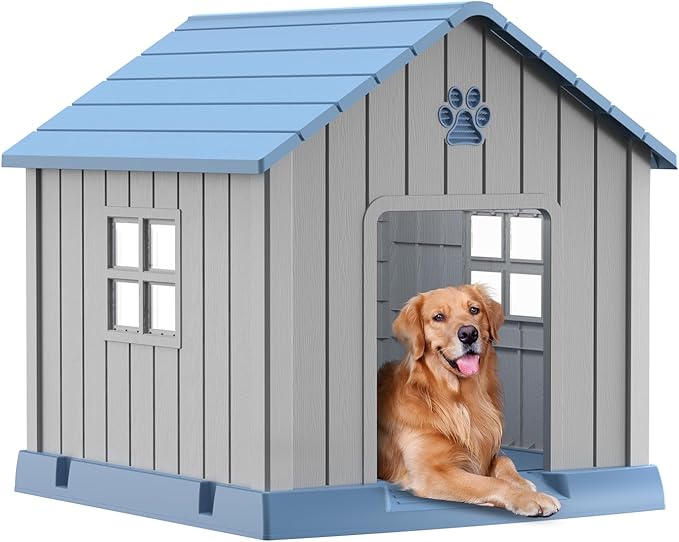Vixzen 38in Large Outdoor Dog House,Durable Water Resistant Resin Dog House,Doghouse for Small to Large Dogs Indoor or Outside,with Air Vent and Elevated Floor,Blue