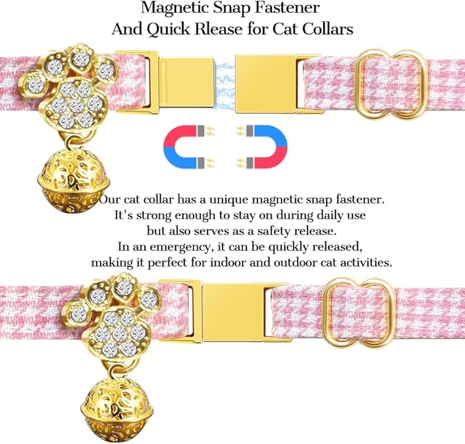 Personalized Breakaway Cat Collars - Magnetic Buckle, Bell - Safety Quick Release, Customized for Girls & Boys Cats- (Houndstooth-Pink)