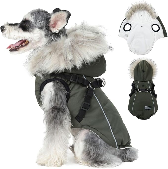 PINA Dog Winter Coat - Waterproof & Faux Fur Hooded Jacket with Reflective Strap for Medium/Small Dogs, Green, L/XL
